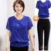 A two-piece set of a middle-aged chiffon shirt for women, featuring a top and pants, short-sleeved mom's summer outfit, and a short-sleeved T-shirt details Picture
